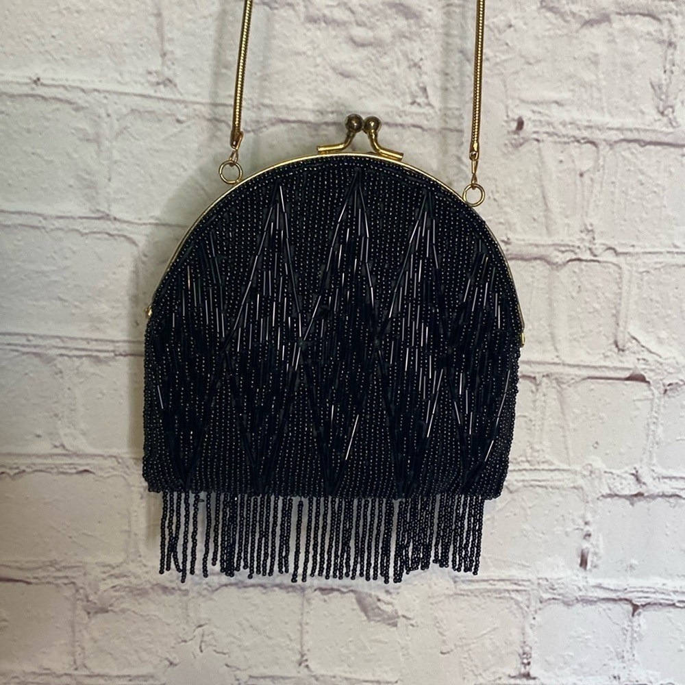 Vintage Black Flappers Beaded Sparkle Small Crossbody Bag with Brass Chain Strap